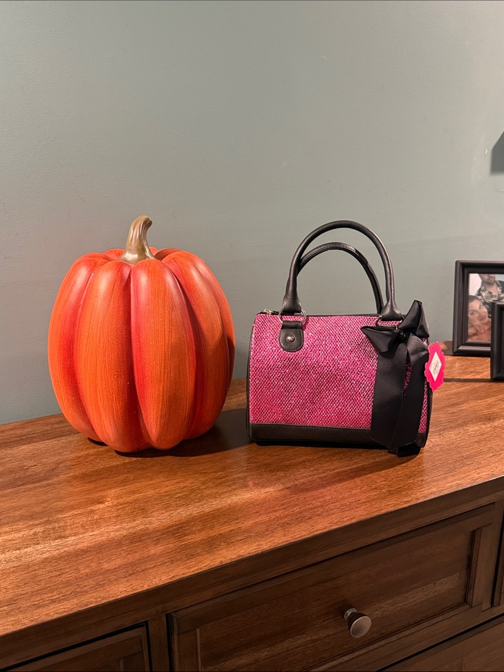 Candie's Pink Tweed Mini Satchel with Black Trim and Bow